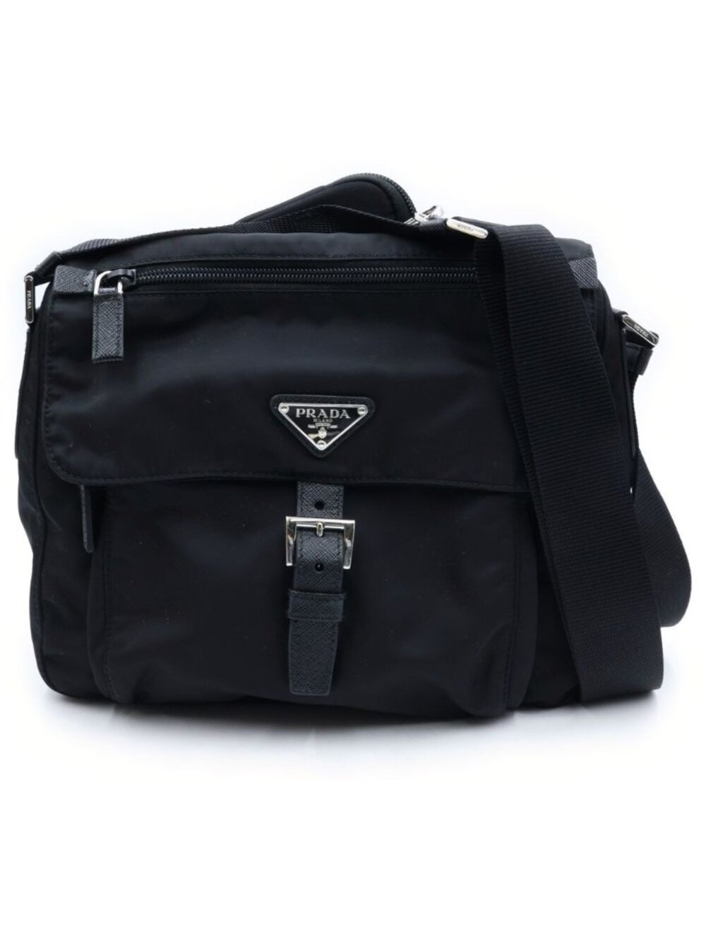 Prada Re-Nylon Triangle Logo Shoulder Bag Black Tessuto Pouch Silver